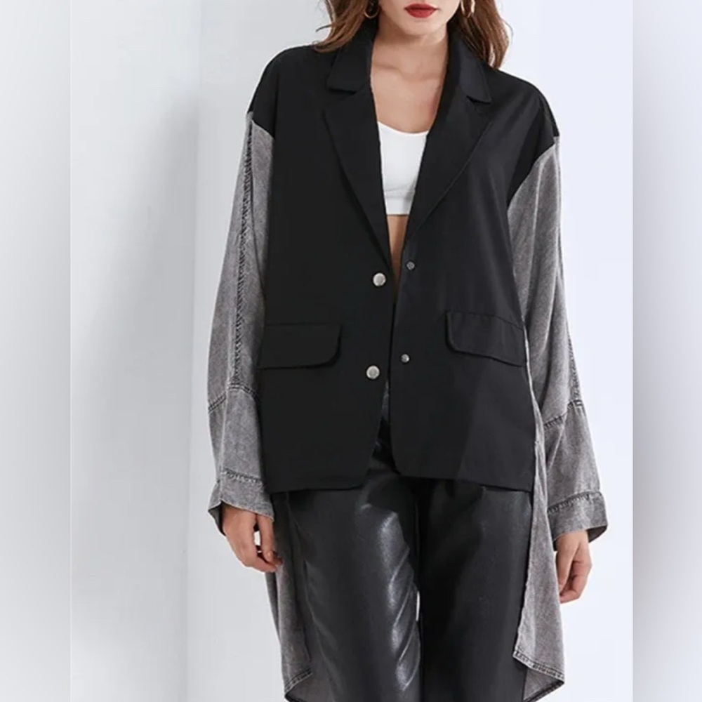 Kate Hewko Bat Wing Jacket Mixed Material O/S Black Washed Gray Edgy Avante